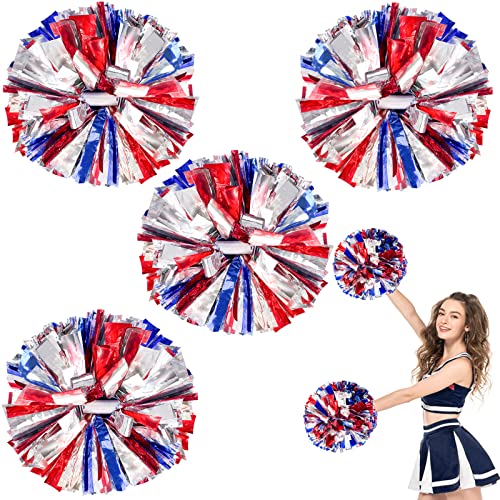 ZONITOK Cheerleader-Pompons mit metallischem Cheerleader-Griff, Cheerleader-Pompons mit Taktstock-Griff, jubelnde Quad-Pompons für Kinder, Erwachsene, Team, Spirit Cheering (Blau + Rot + Silber) von ZONITOK