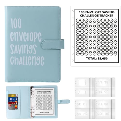 ZONJIE Ringbuch-Set, 100 Umschläge Sparen Herausforderung, Geld sparen Brieftasche mit Geldumschlägen, Budget Planner Binder Sparbuch Notizbuch mit Taschen für Reisen Arbeit (Blau) von ZONJIE
