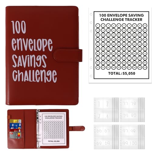 ZONJIE Ringbuch-Set, 100 Umschläge Sparen Herausforderung, Geld sparen Brieftasche mit Geldumschlägen, Budget Planner Binder Sparbuch Notizbuch mit Taschen für Reisen Arbeit (Braun) von ZONJIE