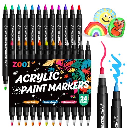ZOOI 24 Farben Acrylstifte für Steine Wasserfest, Dual Tip Acrylic Paint Marker Stifte, Einschulung Mädchen, Schultüte Füllung, Filzstifte Kinder, Geschenk Mädchen 4-13 Jahre, Geschenke für Mädchen von ZOOI