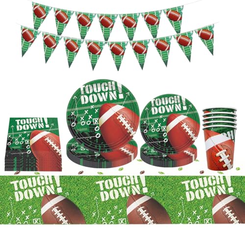 ZOOMPIL American Football Party geschirr, Fussball Geschirr Set, 70 Stück American Football Deko, Inklusive Teller, Tassen, Servietten, Tischdecken, Wimpel, Für American Football Geburtstag Party von ZOOMPIL