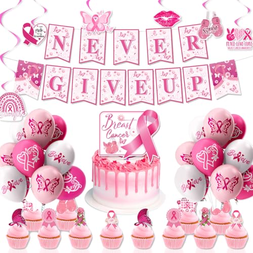 ZOOMPIL Rosa Brustkrebs-Bewusstsein Ballons, 38-teiliges Set mit Hängekarten, Tortendekorationen, Cupcake Toppers und Latexballons mit rosa Schleife für den Brustkrebs-Aufklärungsmonat von ZOOMPIL
