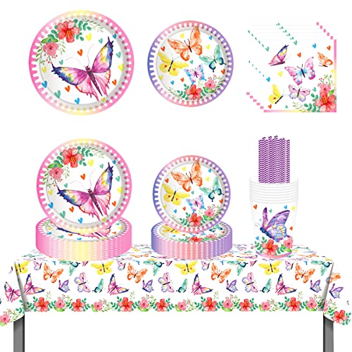ZOOMPIL Butterfly Tableware, Schmetterlings Geburtstagsparty Deko, Schmetterling Party Geschirr Set, Enthält Teller, Becher, Strohhalmen, Servietten, Tischdecke, Geschirr Mädchen für 8 Personen von ZOOMPIL