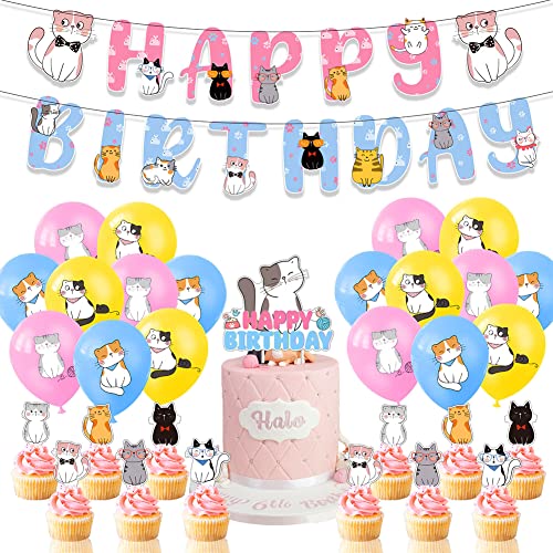 ZOOMPIL Cat partyzubehör Dekoration Set, Katzen Geburtstag Deko, Dekoration Banner, Latexballon, Cupcake Toppers für die Dekoration der Kindergeburtstagsfeier (34pcs) von ZOOMPIL