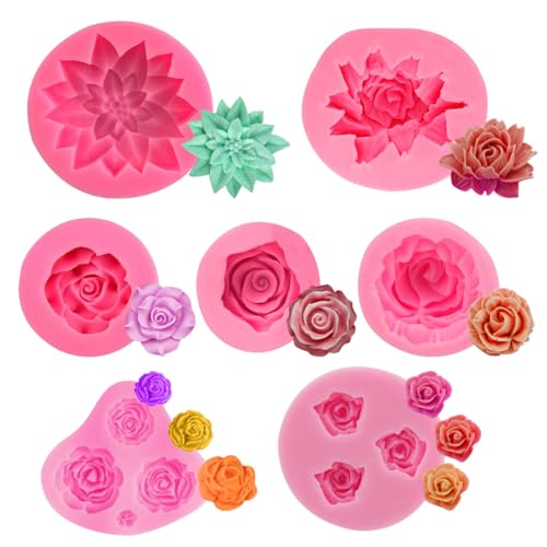 ZOOMPIL Rosen Blumen Fondant Silikon Formen, 3D Blumen Fondant Formen, Rosen Blumen Form Silikon für Süßigkeiten, Schokolade, Fondant, Kuchendekoration, 7 Stück von ZOOMPIL