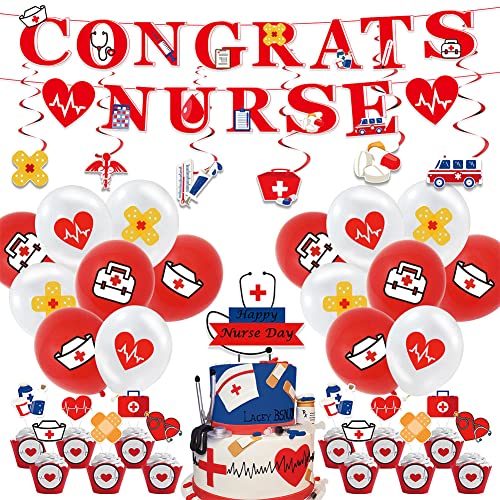ZOOMPIL Nurse Grad Themed Partei, Nurse Cupcake Toppers, einschließlich Banner, Kuchendekoration, Luftballons, Geeignet für Aktivitäten für Krankenschwesterfestival -Aktivitäten, 44 Stück von ZOOMPIL
