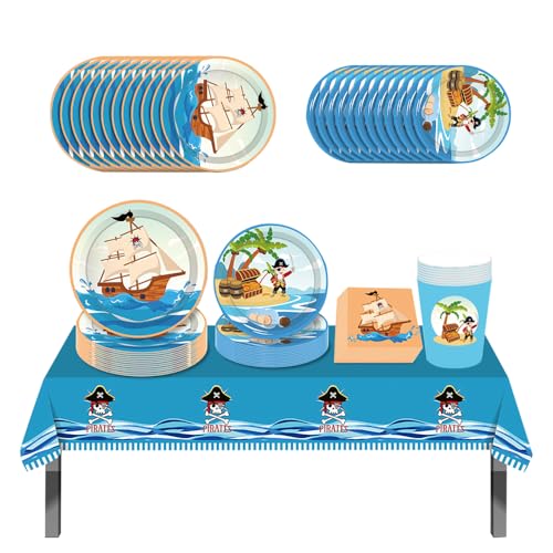ZOOMPIL Piraten Party Geschirr Set, Piratenparty Geburtstag Deko Set, Partygeschirr-Set aus Papier,Teller Tischdecke Servietten, Piraten Deko Set für Kinder Geburtstag Mottoparty, 8 Gäste (Blau) von ZOOMPIL