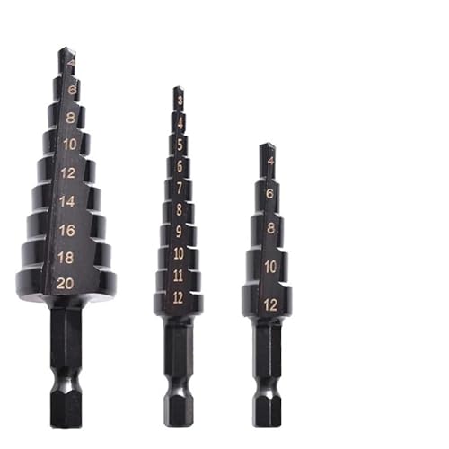 Bohrer-Set, 3-teilig, 3-12 mm, 4-12 mm und 4-20 mm, gerade Schlitz-Stufenbohrer mit Titanbeschichtung zum Schneiden von Holz- und Metalllöchern, Schwarz Bohrer-Set, 3-teilig, 3-12 mm, 4-12 mm und 4-20 mm, gerade Schlitz-Stufenbohrer mit Titanbeschichtung zum Schneiden von Holz- und Metalllöchern, Schwarz von ZOOPH