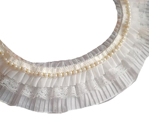 Plissiertes Spitzenband for Bastelarbeiten, 8 cm breit, weiße Perlen, Spitze, Falten, Chiffonrand, Perlenfransen, elastisch von ZOOPH