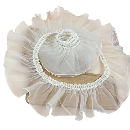 Plissiertes Spitzenband for Heimwerkerarbeiten, 1 Meter Organza-Plissee-Rüschen-Spitzenbesatz mit Perlen, Spitzennähen, Basteln (grau, 1 Meter)(Beige Near White,2meter) von ZOOPH