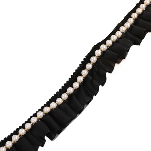 Plissiertes Spitzenband for Heimwerkerarbeiten, 3,5 cm breiter, plissierter Chiffon-Glitzer-Spitzenstoff mit Perlenfransen und Rüschen (Schwarz 3,5 cm)(Black) von ZOOPH