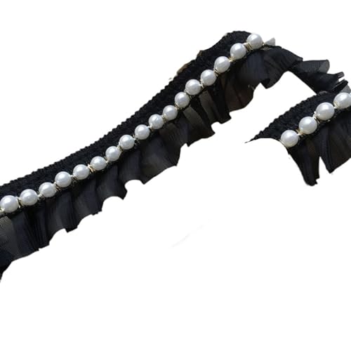 Plissiertes Spitzenband for Heimwerkerarbeiten, 3 cm breites, glitzerndes, weiß-schwarzes Plissiertes Chiffon-Stoffband mit Perlenfransen (schwarz)(Black) von ZOOPH