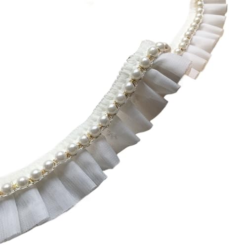 Plissiertes Spitzenband for Heimwerkerarbeiten, 3 cm breites, glitzerndes, weiß-schwarzes Plissiertes Chiffon-Stoffband mit Perlenfransen (schwarz)(White) von ZOOPH