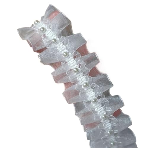 Plissiertes Spitzenband for Heimwerkerarbeiten, 4 cm breites, weiß-schwarzes Organza-Spitzenband mit Perlen, gewebte Falten, Rüschenfransenband (weiß)(White) von ZOOPH