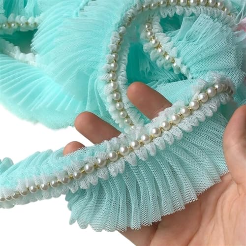 Plissiertes Spitzenband for Heimwerkerarbeiten, 5 cm breites, plissiertes Chiffon-Spitzen-Rüschen-Perlenband-Kleiderkragen (Pink)(Light Green) von ZOOPH