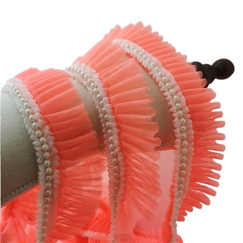 Plissiertes Spitzenband for Heimwerkerarbeiten, 5 cm breites Tüllnetz, Plissiertes Stoffband, Perlenfransen, Spitzenbesatz for Brautkleider (rot)(Orange) von ZOOPH