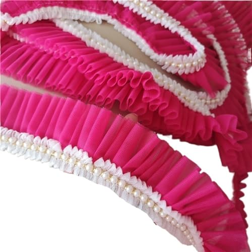 Plissiertes Spitzenband for Heimwerkerarbeiten, 5 cm breites Tüllnetz, Plissiertes Stoffband, Perlenfransen, Spitzenbesatz for Brautkleider (rot)(Rose Pink) von ZOOPH