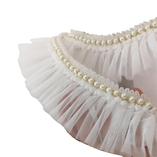 Plissiertes Spitzenband for Heimwerkerarbeiten, 5 cm breites Tüllnetz, Plissiertes Stoffband, Perlenfransen, Spitzenbesatz for Brautkleider (rot)(White) von ZOOPH