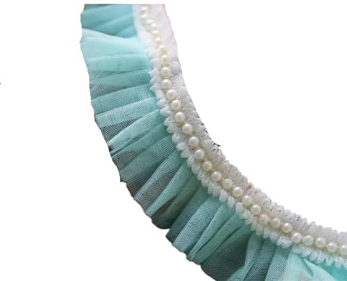 Plissiertes Spitzenband for Heimwerkerarbeiten, 6 cm breites, doppellagiges Netz-Plissee-Stoffband mit Rüschen, Perlenfransenspitze (rot)(Light Blue) von ZOOPH