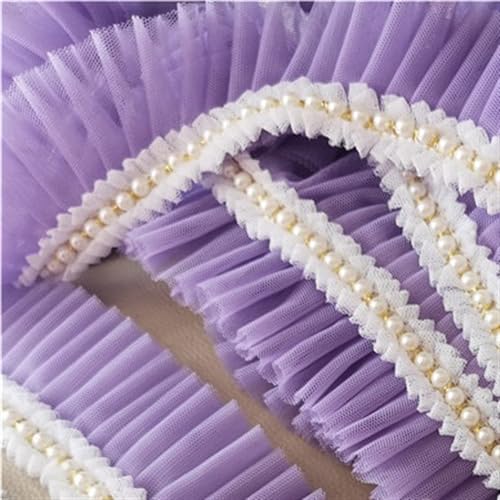 Plissiertes Spitzenband for Heimwerkerarbeiten, 6 cm breites, doppellagiges Netz-Plissee-Stoffband mit Rüschen, Perlenfransenspitze (rot)(PURPLE) von ZOOPH