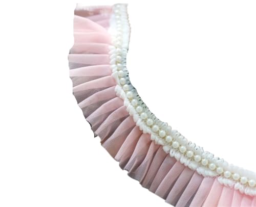 Plissiertes Spitzenband for Heimwerkerarbeiten, 6 cm breites, doppellagiges Netz-Plissee-Stoffband mit Rüschen, Perlenfransenspitze (rot)(Pink) von ZOOPH