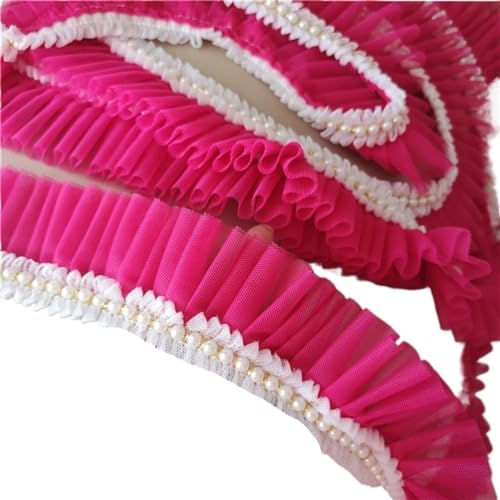 Plissiertes Spitzenband for Heimwerkerarbeiten, 6 cm breites, doppellagiges Netz-Plissee-Stoffband mit Rüschen, Perlenfransenspitze (rot)(Rose Red) von ZOOPH