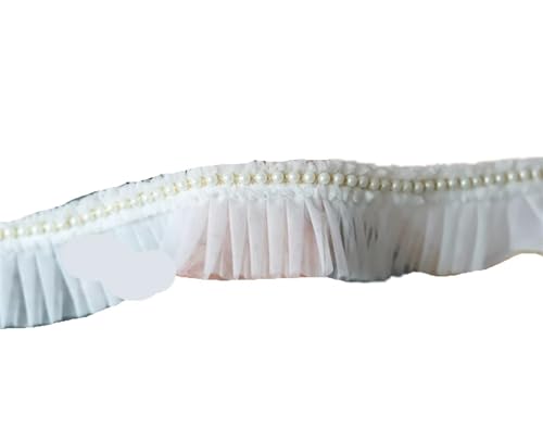 Plissiertes Spitzenband for Heimwerkerarbeiten, 6 cm breites, doppellagiges Netz-Plissee-Stoffband mit Rüschen, Perlenfransenspitze (rot)(WHITE) von ZOOPH