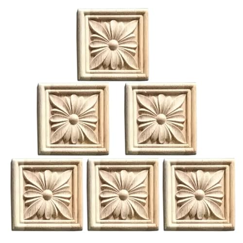 ZOOPH Dekorative Holz-Onlay-Applikation, geschnitzt, 6 Stück, Holzaufkleber, unbemalt, quadratisch, Blumen, Möbel, Türen, Fenster, Holzfiguren, geschnitztes Holzdekor(7cm (2.75in)) von ZOOPH