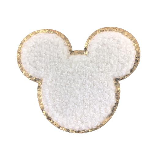 Goldene Glitzer- und weiße Chenille-Varsity-Initialen-Aufnäher, selbstklebender Aufkleber zum Aufbügeln, 5,7 cm Höhe (Mickey) von ZOOX