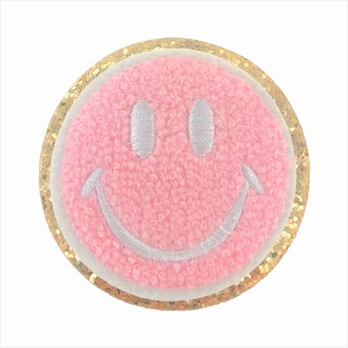 Goldener Glitzer und rosa Chenille Varsity Initial Patches, selbstklebender Aufkleber zum Aufbügeln, 6,3 cm Höhe (Smiley) von ZOOX