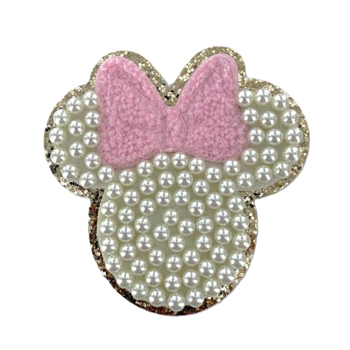 ZOOX Elfenbeinfarbene Perlen und weiße Buchstaben, Varsity-Initialen-Aufnäher, 3M-Klebeaufkleber, zum Aufbügeln, 8,9 cm Höhe (Minnie) von ZOOX