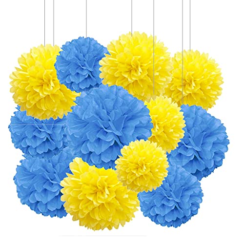 ZooYoo 12 Stück gelb und blaue hängende Pompons aus Seidenpapier für partydeko,decke,wand,seidenblumen– 2 Farben à 30,5 cm, 25,4 cm von ZOOYOO