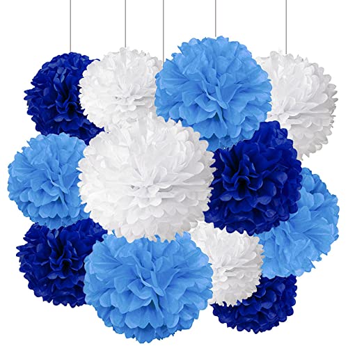 ZooYoo 12 Stück blaue und weiße hängende Pompons aus Seidenpapier für partydeko,decke,wand,seidenblumen– 2 Farben à 30,5 cm, 25,4 cm von ZOOYOO