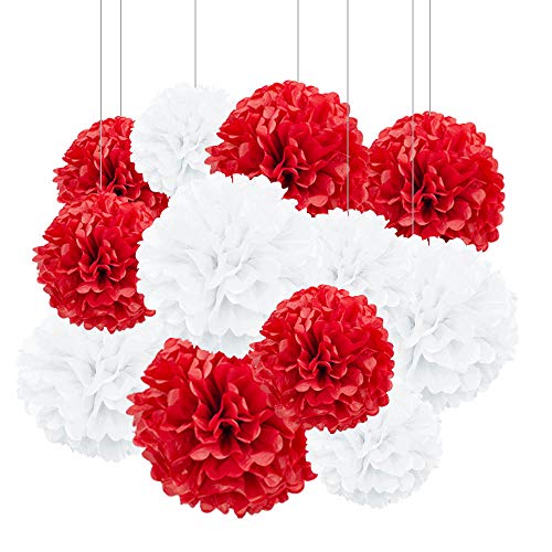 ZooYoo 12 Stück rote und weiße hängende Pompons aus Seidenpapier für partydeko,decke,wand,seidenblumen– 2 Farben à 30,5 cm, 25,4 cm von ZOOYOO