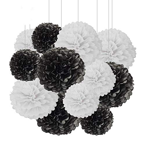 ZooYoo 12 Stück schwarze und weiße hängende Pompons aus Seidenpapier für partydeko,decke,wand,seidenblumen– 2 Farben à 30,5 cm, 25,4 cm von ZOOYOO