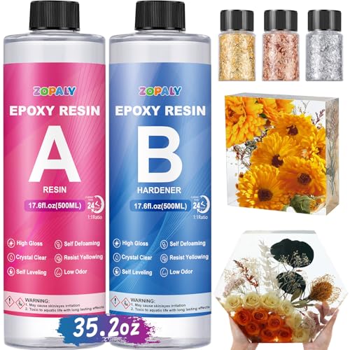 ZOPALY Epoxidharz Set 1000ml/35.2oz, Epoxidharz mit Härter 1: 1 Verhältnis Glasklar Geruchsarm Kunstharz Gießen, Epoxy Resin Gießharz für Holz, Schmuckherstellung, Kunst Handwerk von ZOPALY