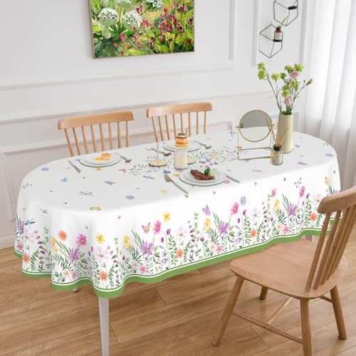 ZORKET ovale Frühlingstischdecke mit Blumenmuster, 152,4 x 213,3 cm, schmutzabweisend, knitterfrei, für 6-8 Personen, Dinner-Party, Picknick von ZORKET