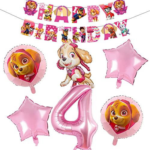 Luftballons Geburtstag Deko,Rosa Luftballons Geburtstag für Mädchen,Rosa Ballon Deko 4,Heliumfolienballon 4Jahre,Dog Cartoon Party Ballons,Banner für Dekoration Kindergeburtstag Party von ZORTORZ