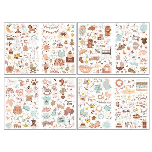 ZORVUJI Sticker Babyalbum, 212 Stück Baby Aufkleber für Fotoalbum, 8 DIN-A4 Bögen Scrapbooking Sticker Set, Babyparty Geschenk mit Tieren und Niedlichen Motiven (Braun) von ZORVUJI
