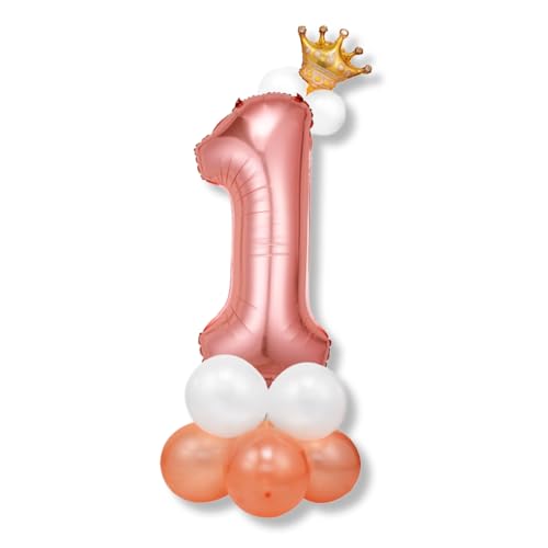 ZORVYN 1 Stück Folienballon, geeignet für den 1. Geburtstag, mit Dekoballon und Krone, speziell für Kinder designedes Zahl-1-Ballon, Kinderparty-Dekoration (80 cm) (hellrosa mit goldener Krone) von ZORVYN