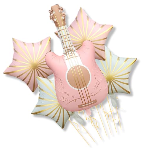 ZORVYN 5 Folienballons, Heliumballons, darunter 1 Gitarrenballon und 4 fünfzackige Sternballons, geeignet für Konzerte, Geburtstage, Hochzeiten, Valentinstag (rosa, elfenbein) von ZORVYN