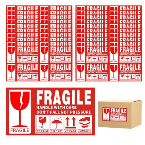 ZORVYN 80 Stück Warnaufkleber „Fragile“ (zerbrechlich) Paketaufkleber, Bitte vorsichtig behandeln, selbstklebend (13 x 7 cm) (Rot-Weiß) von ZORVYN