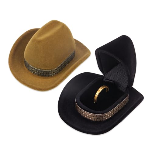ZORZA Einzigartige Cowboyhut-Schmuckschatulle, modische Samt-Ringbox, kreative Schmuck-Präsentation, Aufbewahrungsbox, Vintage-Ring-Box für Hochzeitszeremonie, Verlobung, Ringschatulle, 2 Stück von ZORZA