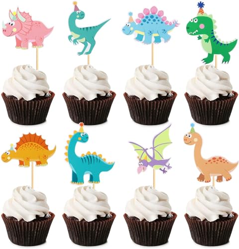 Dinosaurier Cupcake Topper, 32pcs Kuchen Topper Dinosaurier, Cake Topper Geburtstag Dino, Dinosaurier Kuchendekoration, für Kindergeburtstage und Dinosaurier-Mottopartys von ZOSIGN