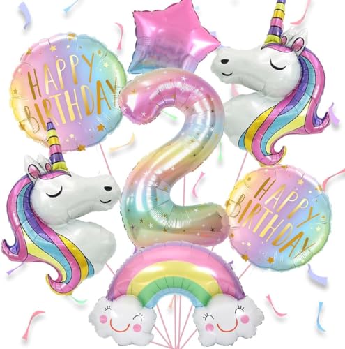 Luftballon Einhorn 2 jahre, 7pcs Luftballons Geburtstag 2 Regenbogen, Luftballons Geburtstag Mädchen 2, Geburtstagsdekoration für 2-Jährige Mädchen von ZOSIGN