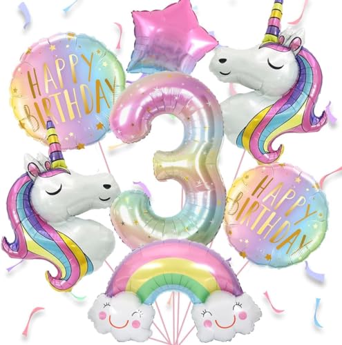 Luftballon Einhorn 3 jahre, 7pcs Luftballons Geburtstag 3 Regenbogen, Luftballons Geburtstag Mädchen 3, Geburtstagsdekoration für 3-Jährige Mädchen von ZOSIGN