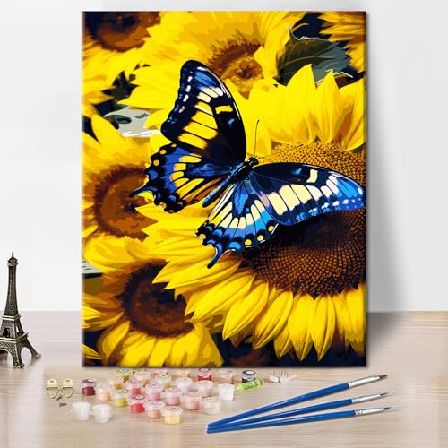 DIY Malen nach Zahlen für Erwachsene Sonnenblumen Malen nach Zahlen Kits Blauer Schmetterling Malerei Kunstwerk auf Leinwand 16x20 Zoll Wanddekoration für Zuhause für Damen DIY Malen nach Zahlen für Erwachsene Sonnenblumen Malen nach Zahlen Kits Blauer Schmetterling Malerei Kunstwerk auf Leinwand 16x20 Zoll Wanddekoration für Zuhause für Damen von ZOZHI