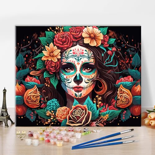 DIY Malen nach Zahlen mit Pinseln Zeichnen Tag der Toten Malerei Mädchen Zuckerschädel Make-up Malset für Erwachsene Dame Geschenke 16x20 Zoll DIY Malen nach Zahlen mit Pinseln Zeichnen Tag der Toten Malerei Mädchen Zuckerschädel Make-up Malset für Erwachsene Dame Geschenke 16x20 Zoll von ZOZHI