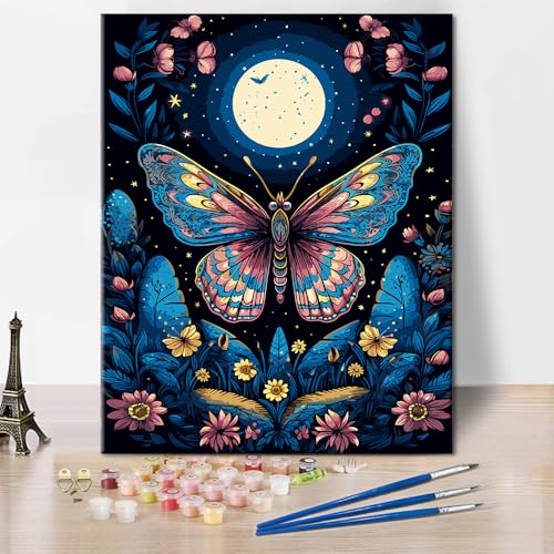 Einfache Malen nach Zahlen Kits für Erwachsene Anfänger Malen nach Zahlen DIY Mondblumen Malen nach Zahlen Kits Schmetterling Malerei auf Leinwand 16x20 Zoll Zahlen Malerei Geschenke Kits von ZOZHI