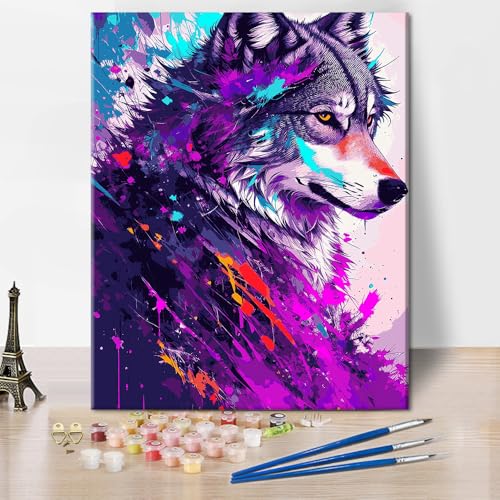 Erwachsene Malen nach Zahlen Wolf Malen nach Zahlen Kits Lila Tier Ölgemälde DIY Waldkrieger Malen nach Zahlen Kits für Männer Brillante Coole Malerei Geschenke 16x20 Zoll von ZOZHI